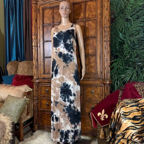 NWOT Nina Leonard Sand Fusion Criss Cross Back Side Slits Scoop Neck Maxi Dress - Picture 2 of 16